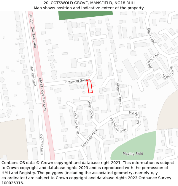 20, COTSWOLD GROVE, MANSFIELD, NG18 3HH: Location map and indicative extent of plot