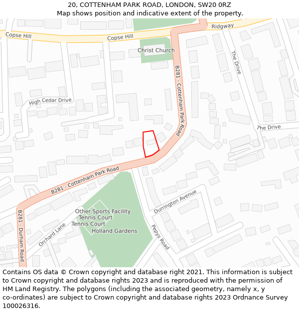 20, COTTENHAM PARK ROAD, LONDON, SW20 0RZ: Location map and indicative extent of plot