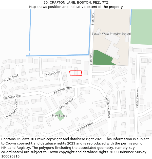 20, CRAFTON LANE, BOSTON, PE21 7TZ: Location map and indicative extent of plot