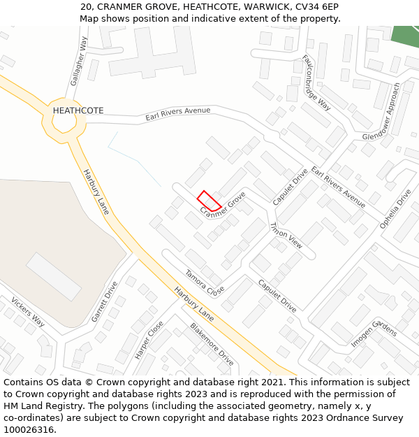 20, CRANMER GROVE, HEATHCOTE, WARWICK, CV34 6EP: Location map and indicative extent of plot