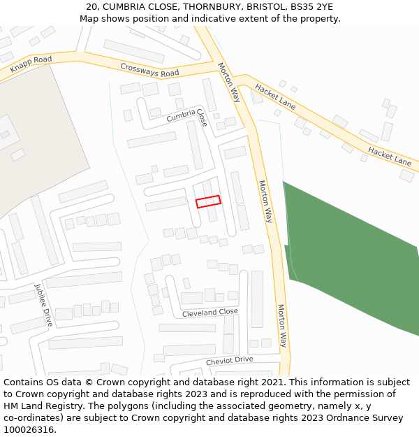 20, CUMBRIA CLOSE, THORNBURY, BRISTOL, BS35 2YE: Location map and indicative extent of plot