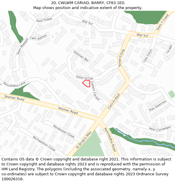 20, CWLWM CARIAD, BARRY, CF63 1EG: Location map and indicative extent of plot