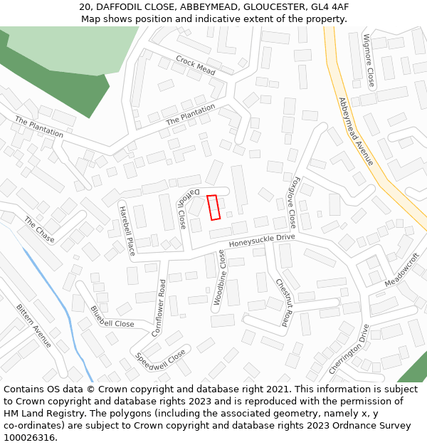 20, DAFFODIL CLOSE, ABBEYMEAD, GLOUCESTER, GL4 4AF: Location map and indicative extent of plot