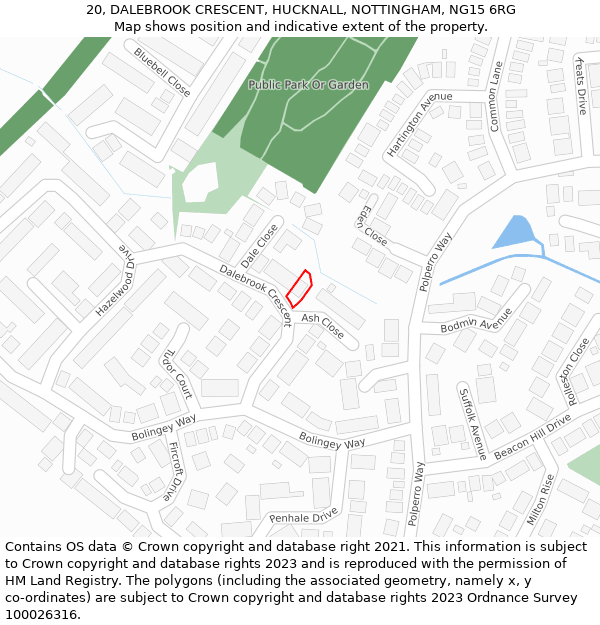 20, DALEBROOK CRESCENT, HUCKNALL, NOTTINGHAM, NG15 6RG: Location map and indicative extent of plot