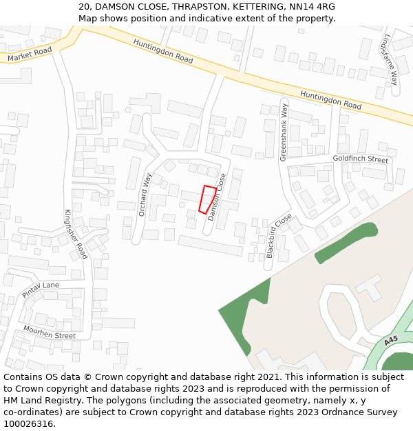 20, DAMSON CLOSE, THRAPSTON, KETTERING, NN14 4RG: Location map and indicative extent of plot