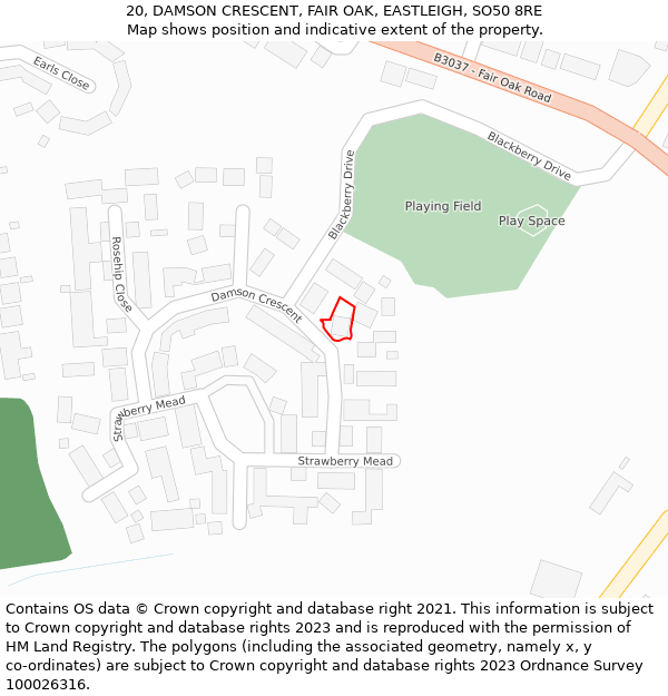 20, DAMSON CRESCENT, FAIR OAK, EASTLEIGH, SO50 8RE: Location map and indicative extent of plot