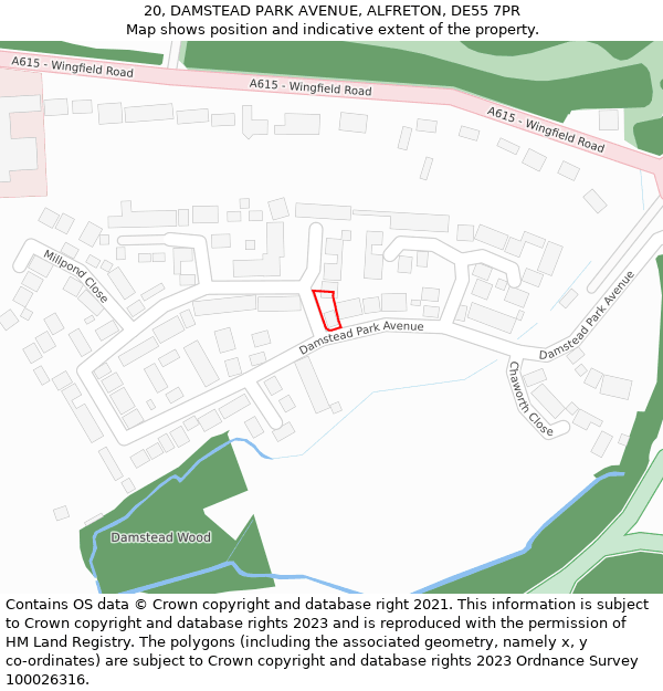 20, DAMSTEAD PARK AVENUE, ALFRETON, DE55 7PR: Location map and indicative extent of plot