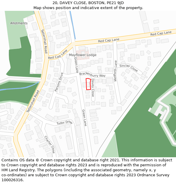 20, DAVEY CLOSE, BOSTON, PE21 9JD: Location map and indicative extent of plot