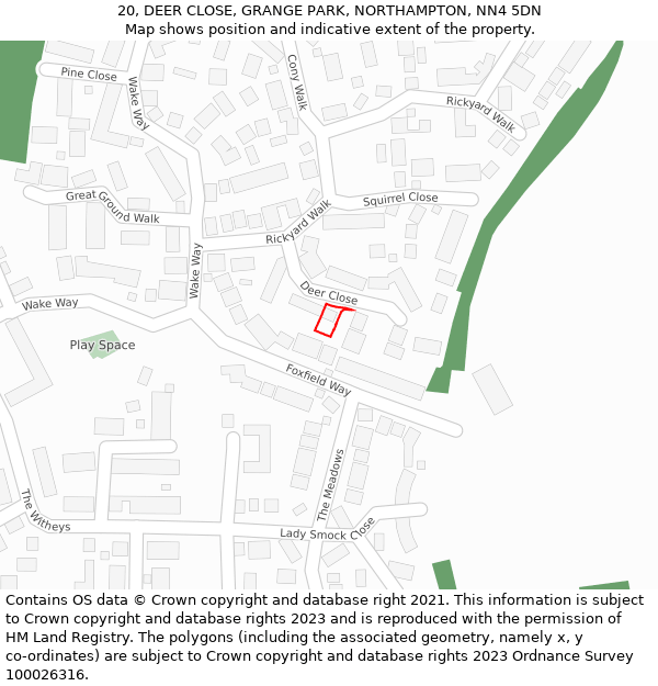 20, DEER CLOSE, GRANGE PARK, NORTHAMPTON, NN4 5DN: Location map and indicative extent of plot