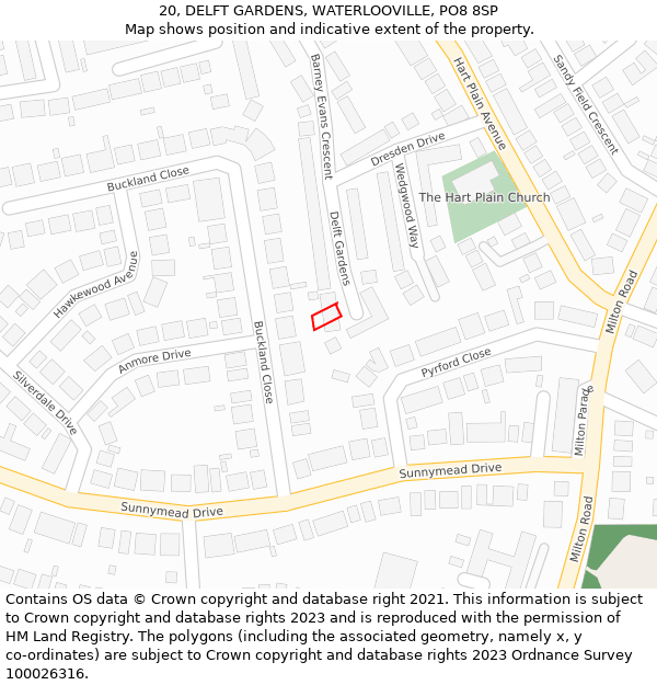 20, DELFT GARDENS, WATERLOOVILLE, PO8 8SP: Location map and indicative extent of plot