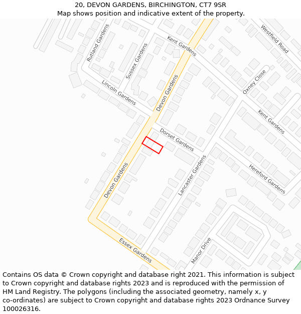 20, DEVON GARDENS, BIRCHINGTON, CT7 9SR: Location map and indicative extent of plot