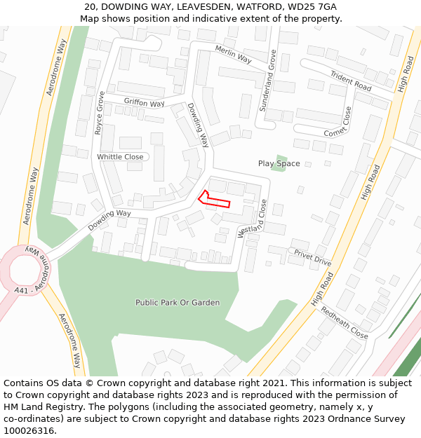20, DOWDING WAY, LEAVESDEN, WATFORD, WD25 7GA: Location map and indicative extent of plot