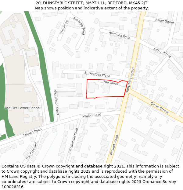 20, DUNSTABLE STREET, AMPTHILL, BEDFORD, MK45 2JT: Location map and indicative extent of plot