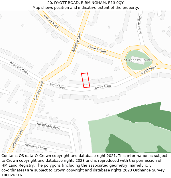 20, DYOTT ROAD, BIRMINGHAM, B13 9QY: Location map and indicative extent of plot