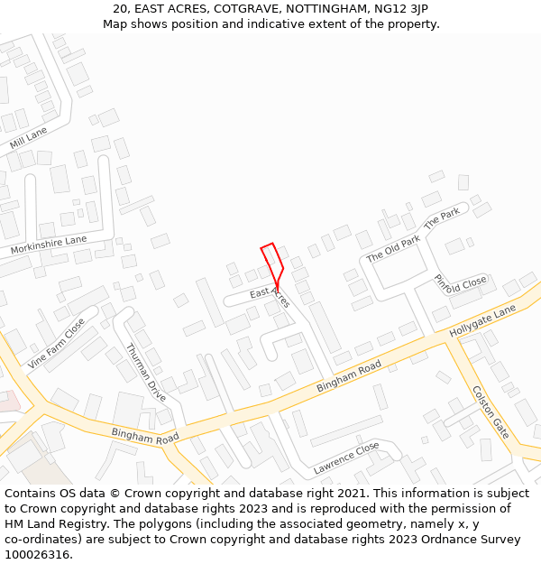 20, EAST ACRES, COTGRAVE, NOTTINGHAM, NG12 3JP: Location map and indicative extent of plot