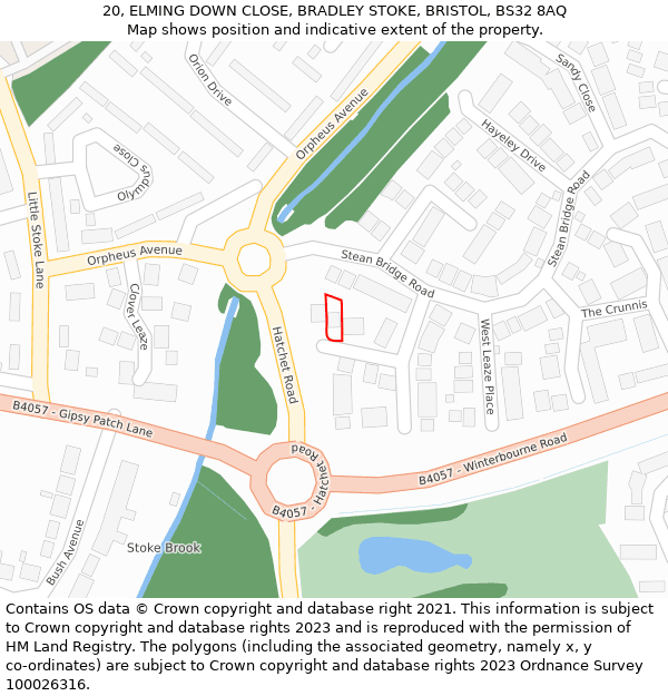 20, ELMING DOWN CLOSE, BRADLEY STOKE, BRISTOL, BS32 8AQ: Location map and indicative extent of plot