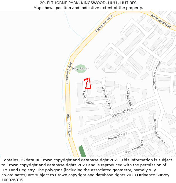 20, ELTHORNE PARK, KINGSWOOD, HULL, HU7 3FS: Location map and indicative extent of plot