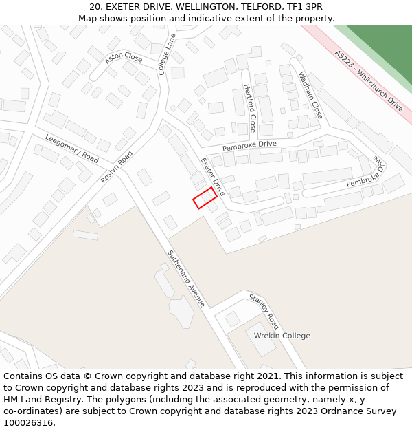 20, EXETER DRIVE, WELLINGTON, TELFORD, TF1 3PR: Location map and indicative extent of plot