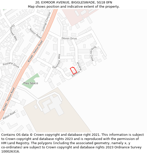 20, EXMOOR AVENUE, BIGGLESWADE, SG18 0FN: Location map and indicative extent of plot