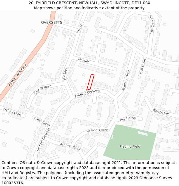 20, FAIRFIELD CRESCENT, NEWHALL, SWADLINCOTE, DE11 0SX: Location map and indicative extent of plot
