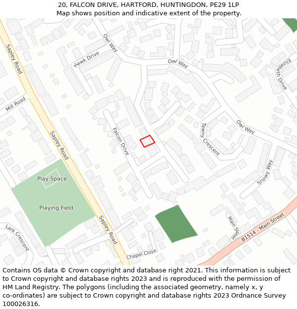 20, FALCON DRIVE, HARTFORD, HUNTINGDON, PE29 1LP: Location map and indicative extent of plot