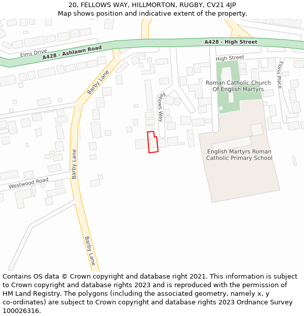 20, FELLOWS WAY, HILLMORTON, RUGBY, CV21 4JP: Location map and indicative extent of plot