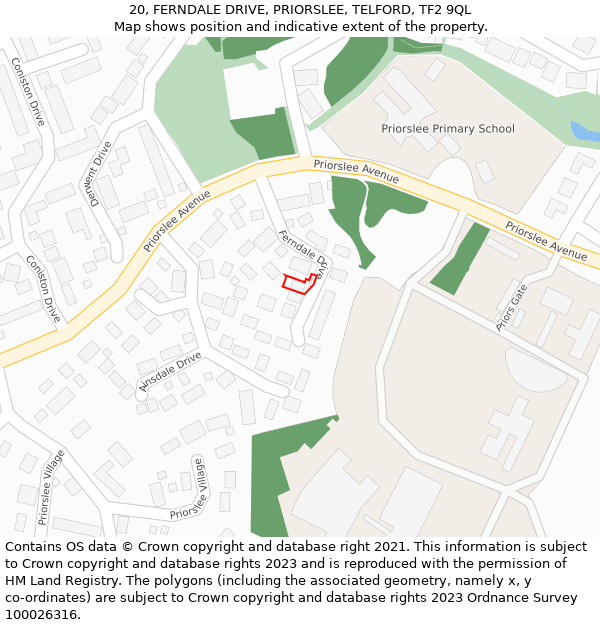 20, FERNDALE DRIVE, PRIORSLEE, TELFORD, TF2 9QL: Location map and indicative extent of plot
