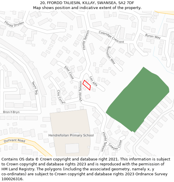 20, FFORDD TALIESIN, KILLAY, SWANSEA, SA2 7DF: Location map and indicative extent of plot