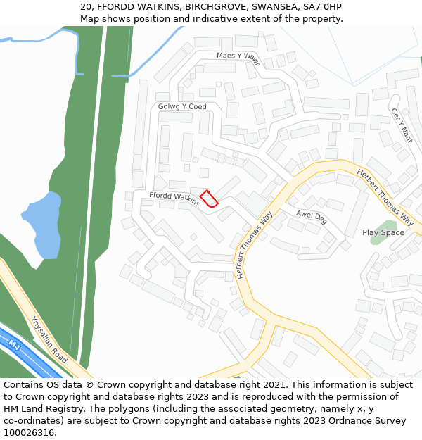 20, FFORDD WATKINS, BIRCHGROVE, SWANSEA, SA7 0HP: Location map and indicative extent of plot