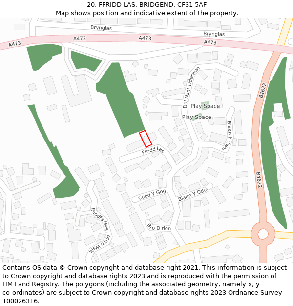 20, FFRIDD LAS, BRIDGEND, CF31 5AF: Location map and indicative extent of plot