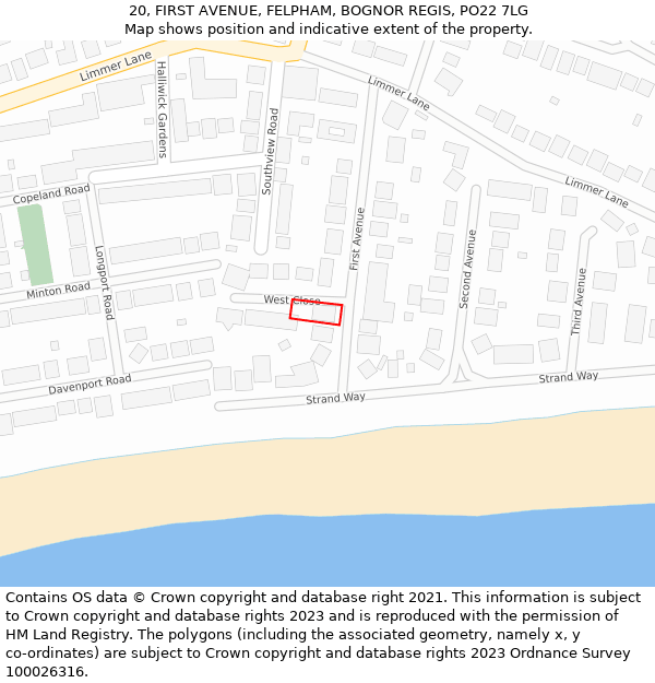 20, FIRST AVENUE, FELPHAM, BOGNOR REGIS, PO22 7LG: Location map and indicative extent of plot