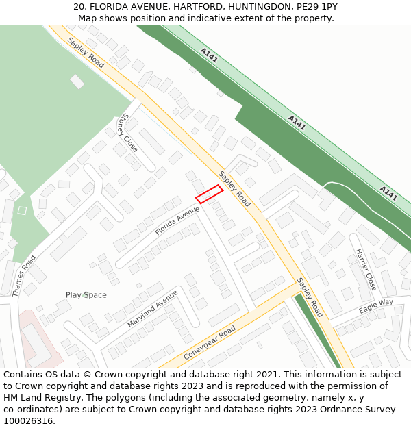 20, FLORIDA AVENUE, HARTFORD, HUNTINGDON, PE29 1PY: Location map and indicative extent of plot