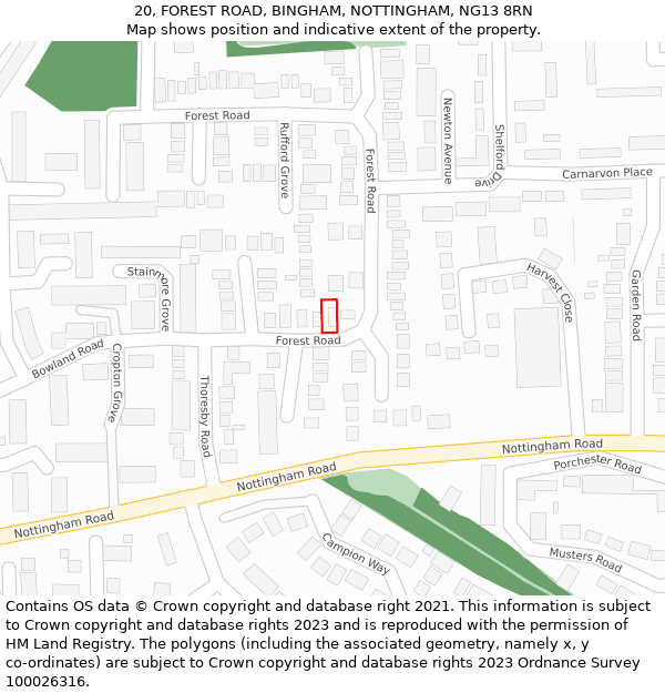 20, FOREST ROAD, BINGHAM, NOTTINGHAM, NG13 8RN: Location map and indicative extent of plot