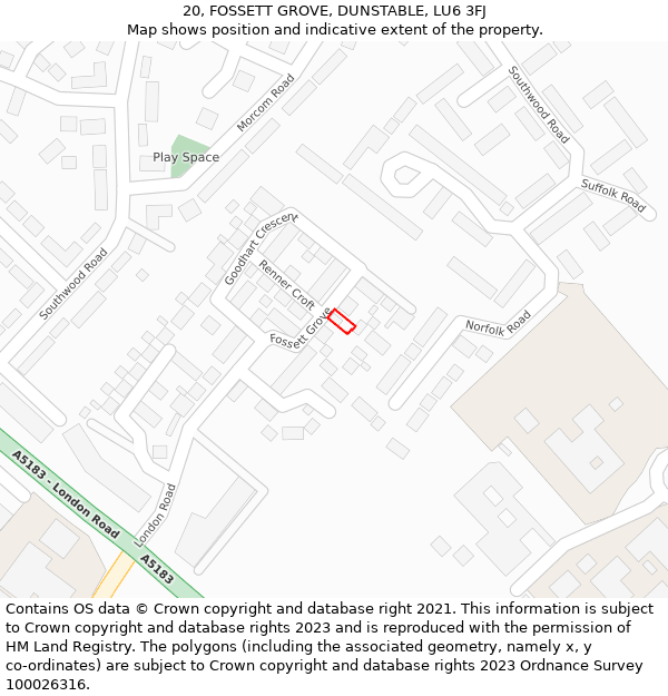 20, FOSSETT GROVE, DUNSTABLE, LU6 3FJ: Location map and indicative extent of plot