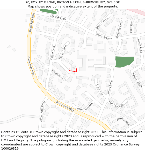 20, FOXLEY GROVE, BICTON HEATH, SHREWSBURY, SY3 5DF: Location map and indicative extent of plot