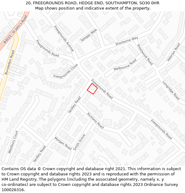 20, FREEGROUNDS ROAD, HEDGE END, SOUTHAMPTON, SO30 0HR: Location map and indicative extent of plot