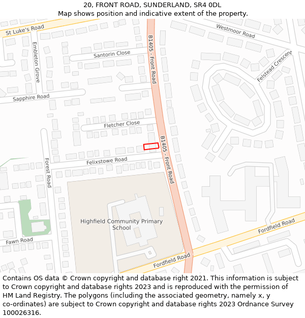 20, FRONT ROAD, SUNDERLAND, SR4 0DL: Location map and indicative extent of plot