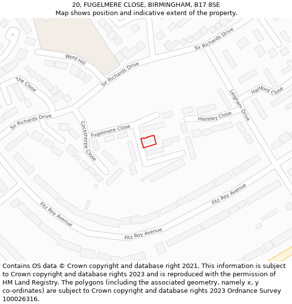20, FUGELMERE CLOSE, BIRMINGHAM, B17 8SE: Location map and indicative extent of plot