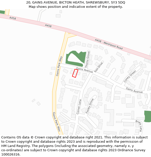 20, GAINS AVENUE, BICTON HEATH, SHREWSBURY, SY3 5DQ: Location map and indicative extent of plot