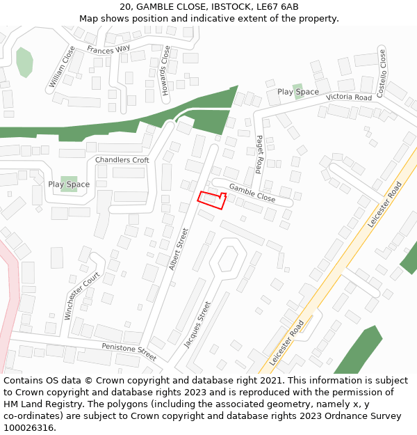 20, GAMBLE CLOSE, IBSTOCK, LE67 6AB: Location map and indicative extent of plot