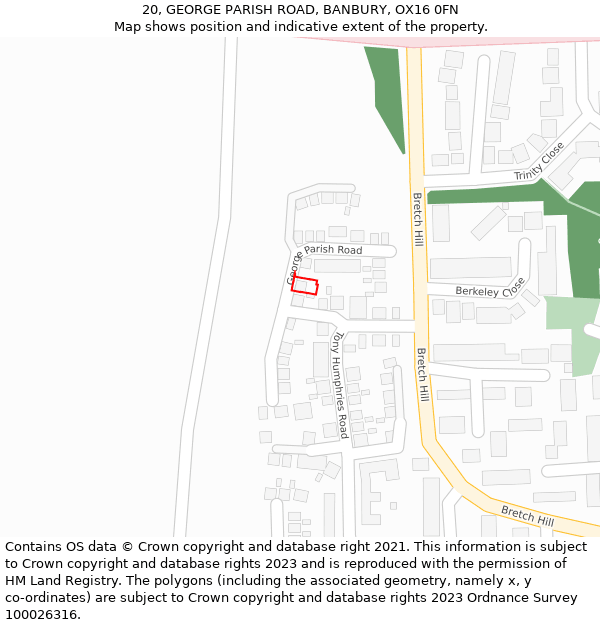20, GEORGE PARISH ROAD, BANBURY, OX16 0FN: Location map and indicative extent of plot