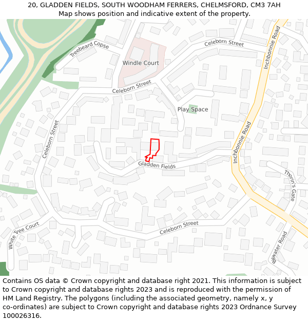 20, GLADDEN FIELDS, SOUTH WOODHAM FERRERS, CHELMSFORD, CM3 7AH: Location map and indicative extent of plot