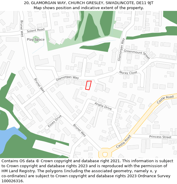 20, GLAMORGAN WAY, CHURCH GRESLEY, SWADLINCOTE, DE11 9JT: Location map and indicative extent of plot