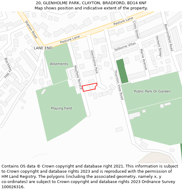20, GLENHOLME PARK, CLAYTON, BRADFORD, BD14 6NF: Location map and indicative extent of plot