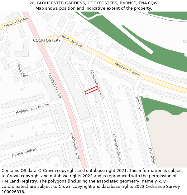 20, GLOUCESTER GARDENS, COCKFOSTERS, BARNET, EN4 0QW: Location map and indicative extent of plot