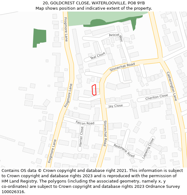 20, GOLDCREST CLOSE, WATERLOOVILLE, PO8 9YB: Location map and indicative extent of plot