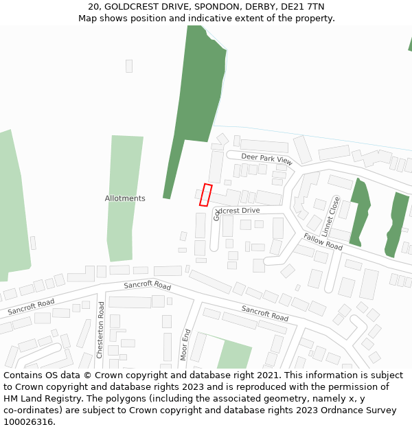 20, GOLDCREST DRIVE, SPONDON, DERBY, DE21 7TN: Location map and indicative extent of plot