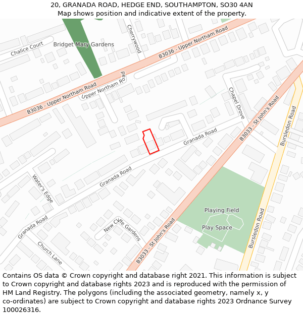 20, GRANADA ROAD, HEDGE END, SOUTHAMPTON, SO30 4AN: Location map and indicative extent of plot