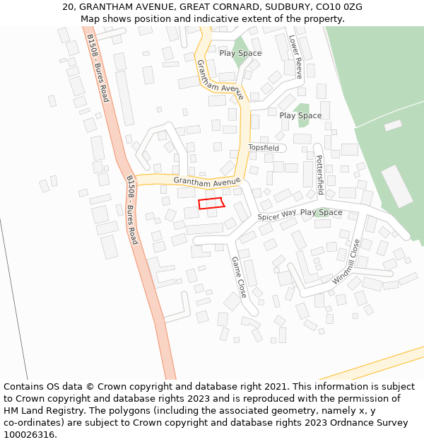 20, GRANTHAM AVENUE, GREAT CORNARD, SUDBURY, CO10 0ZG: Location map and indicative extent of plot