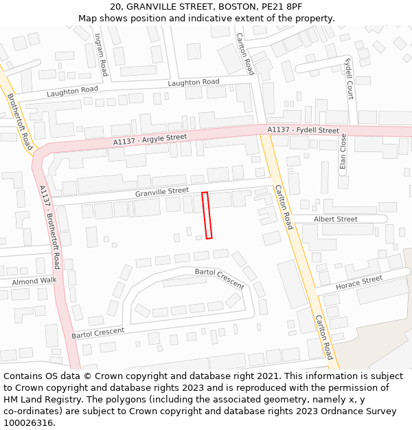 20, GRANVILLE STREET, BOSTON, PE21 8PF: Location map and indicative extent of plot